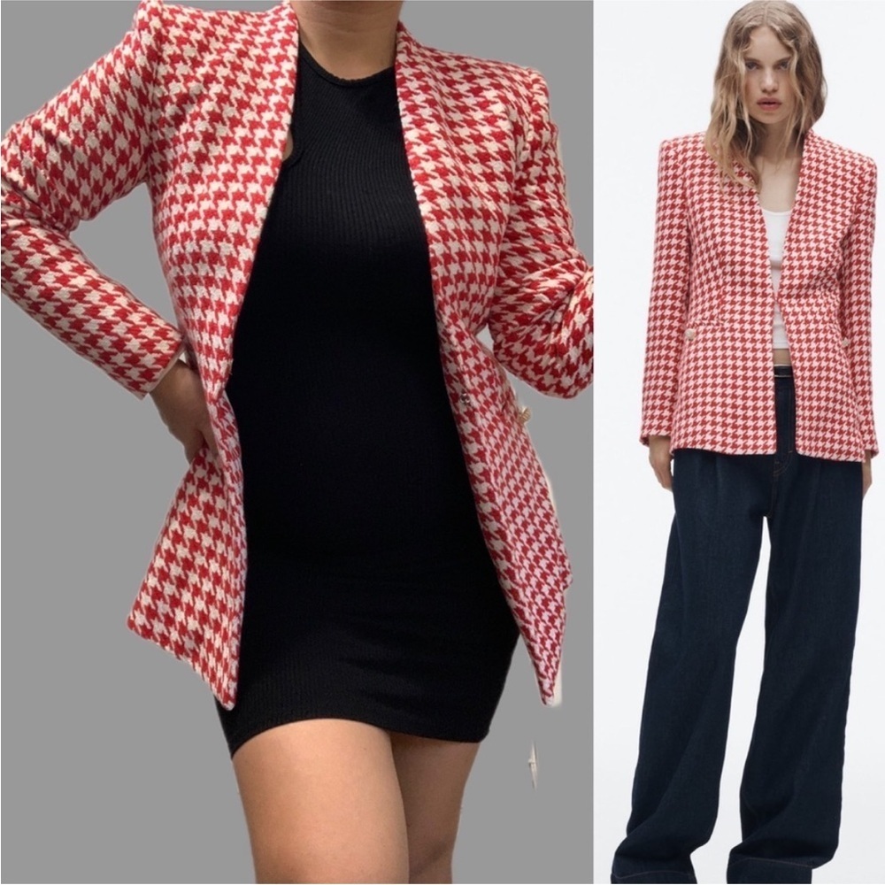 Zara Red and White Houndstooth Blazer Tailored Fit - Picture 3 of 12